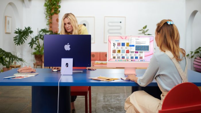 Novos iMacs azul e rosa (imagem: divulgação/Apple)