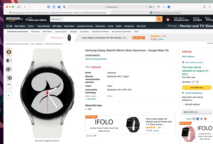 Samsung Galaxy Watch 4 aparece no catálogo da Amazon canadense antes da hora (Imagem: Reprodução/Tecnoblog)
