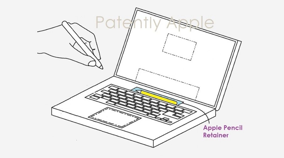 Conceito de MacBook com espaço para guardar Apple Pencil (Imagem: Reprodução/Patently Apple)