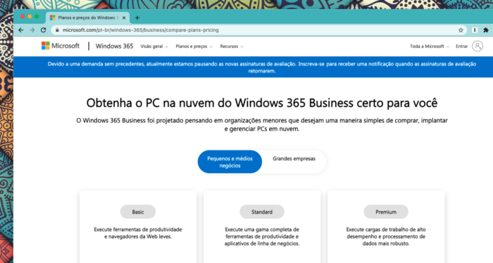 Microsoft avisa sobre suspensão de testes do Windows 365 (Imagem: Reprodução/Tecnoblog)
