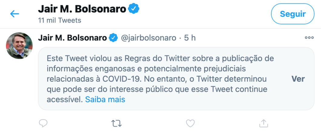 Bolsonaro teve tweet ocultado por conter informações falsas (Imagem: Reprodução/Twitter)
