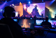 Ambiente de transmissão de showcase de jogos independentes com telas coloridas e silhuetas de personagens