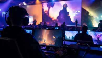 Ambiente de transmissão de showcase de jogos independentes com telas coloridas e silhuetas de personagens