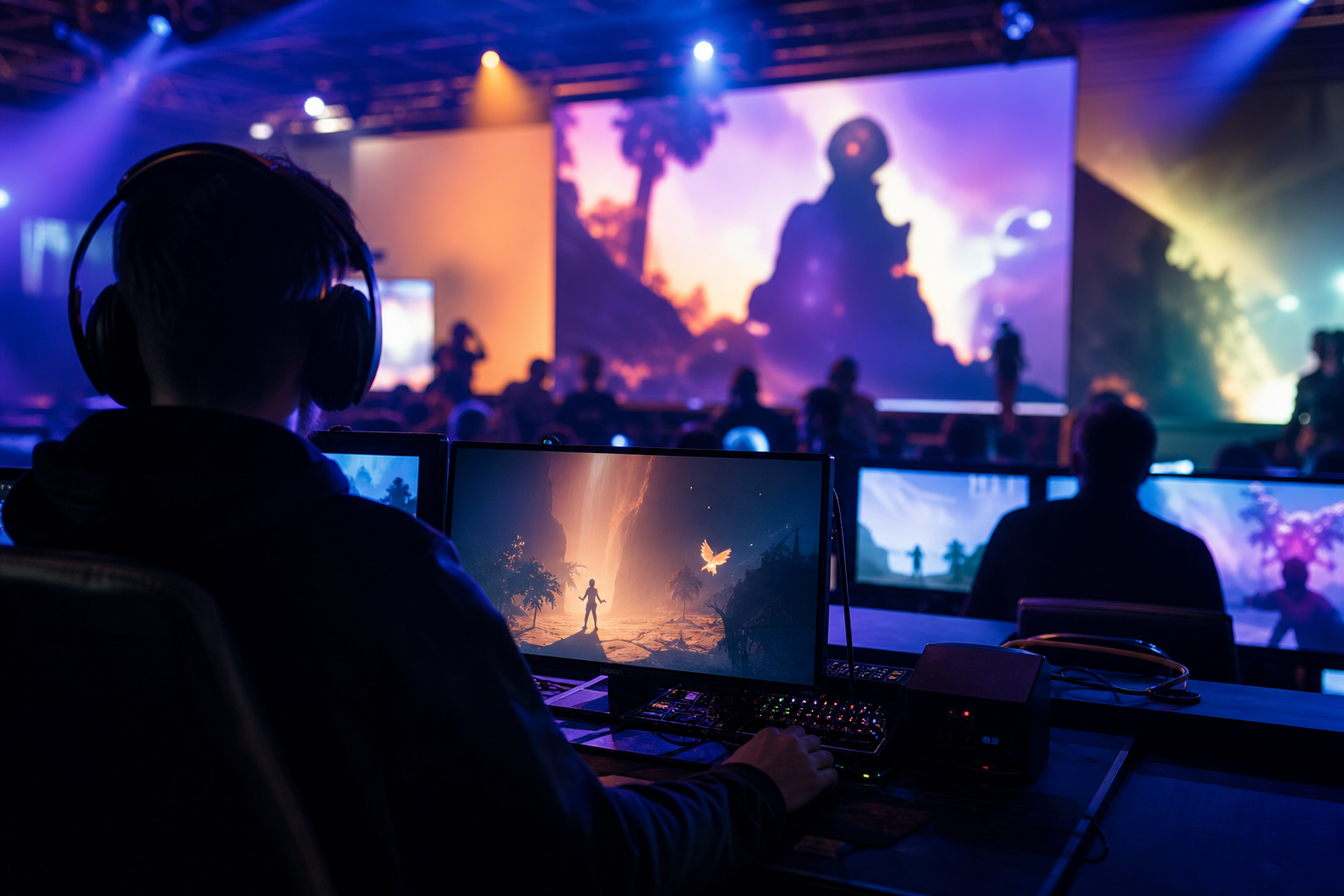 Ambiente de transmissão de showcase de jogos independentes com telas coloridas e silhuetas de personagens