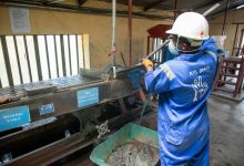 Trabalhador de macacão azul opera uma mesa vibratória para o processamento de minério em uma instalação industrial.